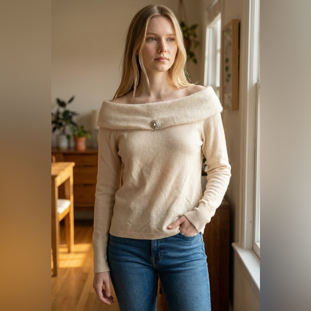 Ann Taylor Cream Off-the-Shoulder Sweater with Decorative Brooch